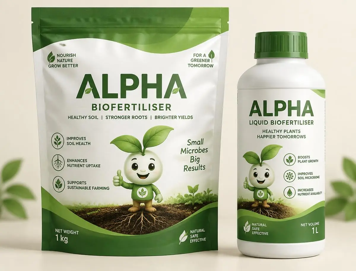 Alpha biofertiliser pouch and bottle